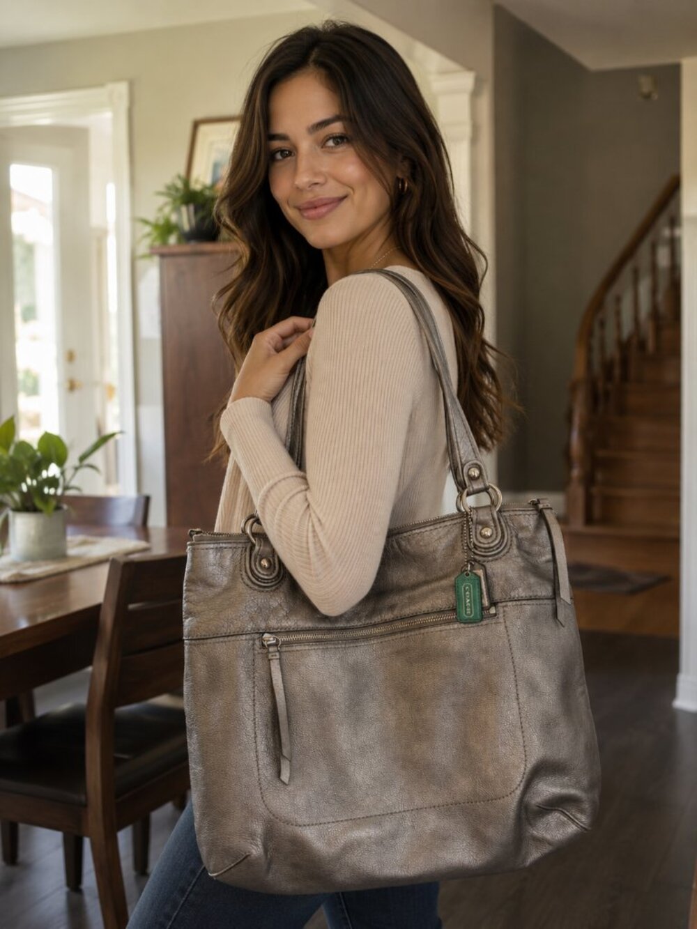 Coach Metallic Gray Pebbled Leather Shoulder Bag with Green Tag